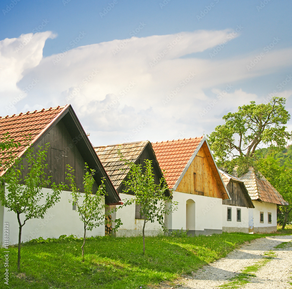 Village houses of Stara Hora. Wine-growing village situated on the south Stiavnicke vrchy (Hills). The first references are from the 16th century. Slovakia