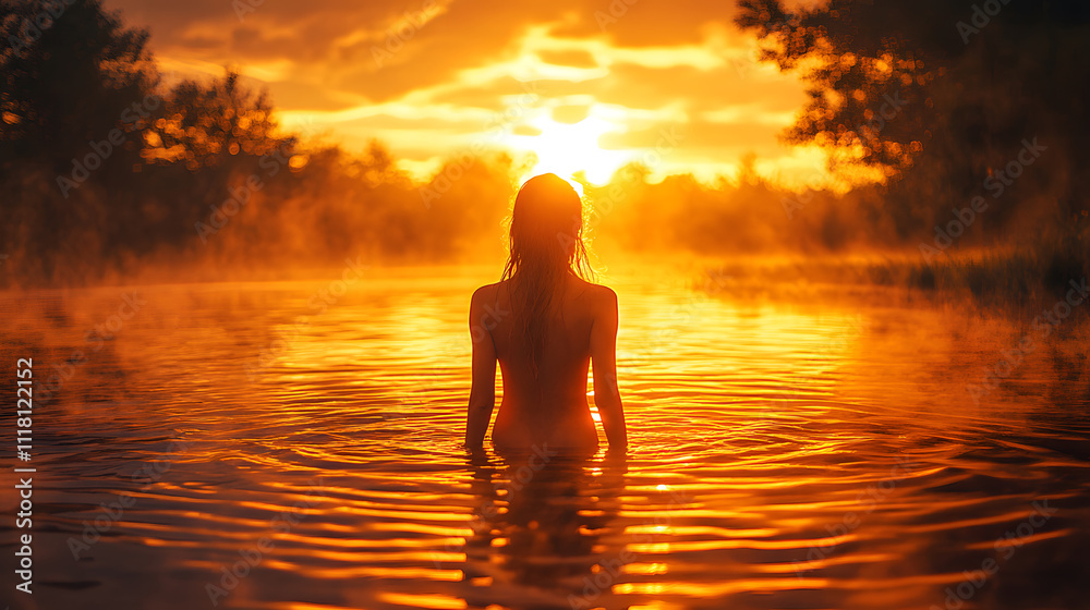 A breathtaking photography of a model standing in shallow water, their reflection shimmering on the surface, with the golden light of the setting sun casting a warm glow over the entire scene. A breathtaking photography of a model standing in shallow water, their reflection shimmering on the surface, with the golden light of the setting sun casting a warm glow over the entire scene.