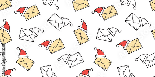 Seamless Email Pattern for Santa. a letter with wishes. Seamless pattern for New Year gifts. New Year's pattern. A sealed letter with a Santa hat.