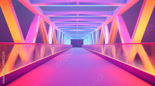 A vibrant, illuminated walkway featuring colorful lights and modern architectural design, creating an immersive visual experience.