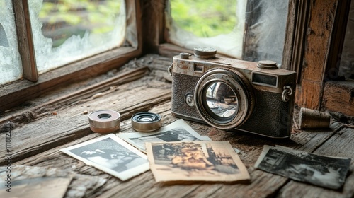 Vintage camera with a circular mirror lens reflecting the surrounding room
