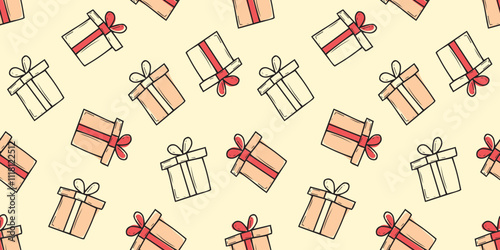 A lot of gift for the New Year. Seamless pattern with gifts. Pattern for gift wrapping. New Year's gift. Gift box with a red bow.