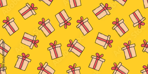 A lot of gift for the New Year. Seamless pattern with gifts. Pattern for gift wrapping. New Year's gift. Gift box with a red bow.