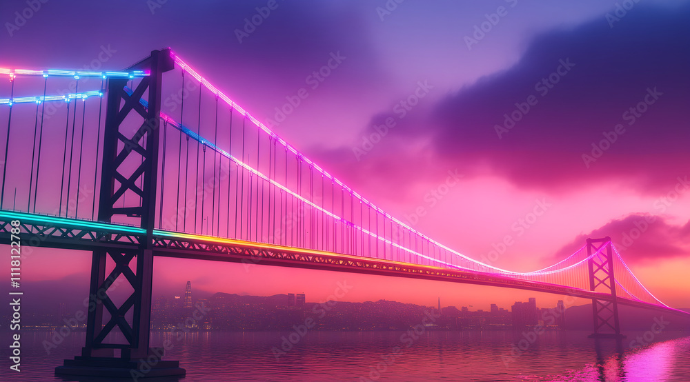 A vibrant bridge illuminated with colorful lights against a stunning sunset, reflecting beautifully in the water below. A vibrant bridge illuminated with colorful lights against a stunning sunset, reflecting beautifully in the water below.