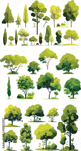 Collection of Green Trees and Bushes - Vector Illustration