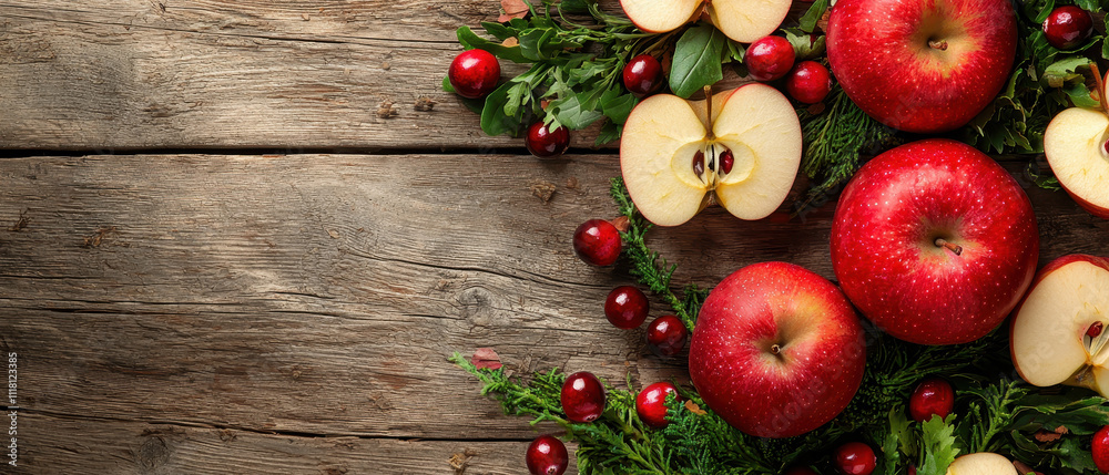 A vibrant display of red apples and green foliage on a rustic wooden surface, evoking a seasonal and fresh aesthetic. A vibrant display of red apples and green foliage on a rustic wooden surface, evoking a seasonal and fresh aesthetic.