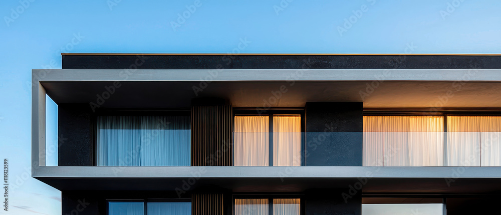 A modern building facade featuring large windows, sleek lines, and a minimalist design against a clear blue sky. A modern building facade featuring large windows, sleek lines, and a minimalist design against a clear blue sky.