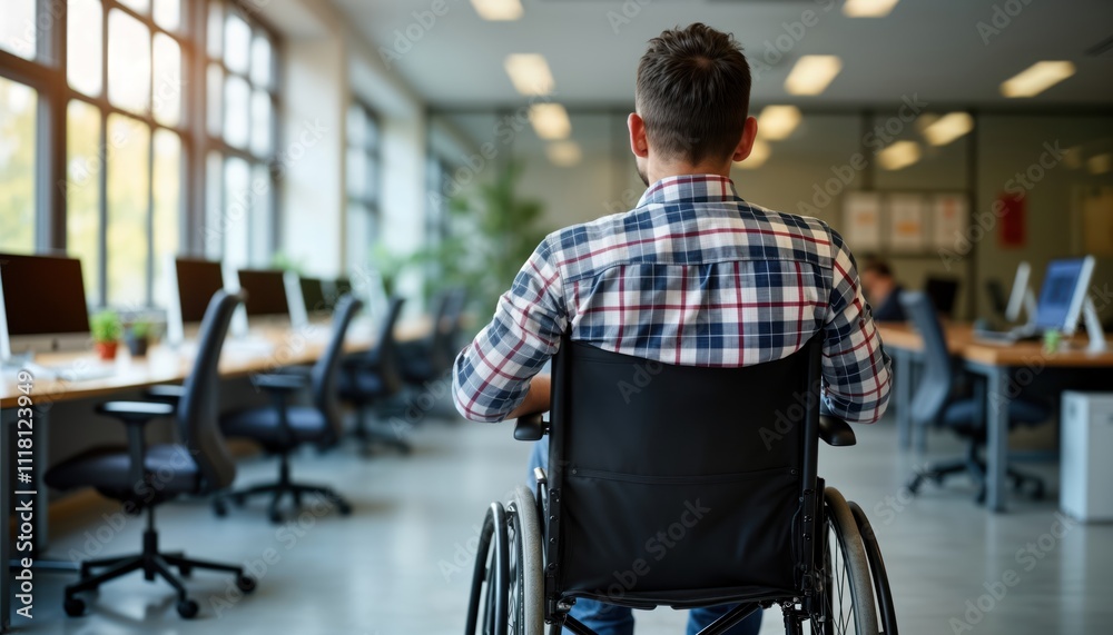 Man in wheelchair sits in modern office. In open office space with many computers. Accessibility present in workspace. Person with disability works in pro setting. Image shows inclusive workplace. Man in wheelchair sits in modern office. In open office space with many computers. Accessibility present in workspace. Person with disability works in pro setting. Image shows inclusive workplace.