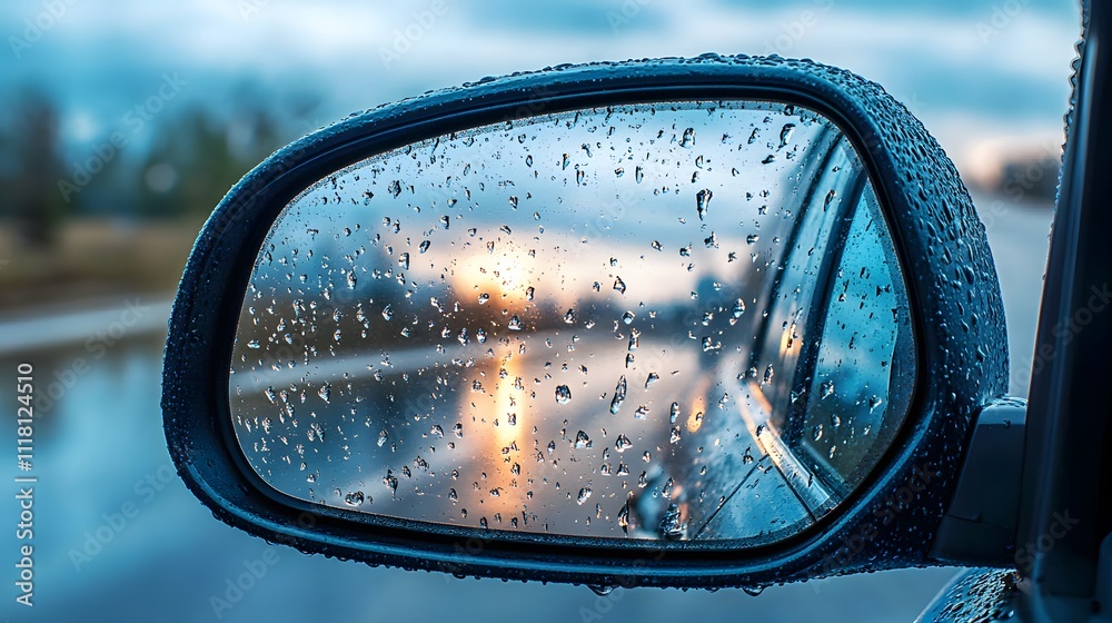 Dramatic highway scene reflected in car side mirror, capturing empty wet road stretching to infinity under blue sky with cumulus clouds during golden hour lighting. Dramatic highway scene reflected in car side mirror, capturing empty wet road stretching to infinity under blue sky with cumulus clouds during golden hour lighting.