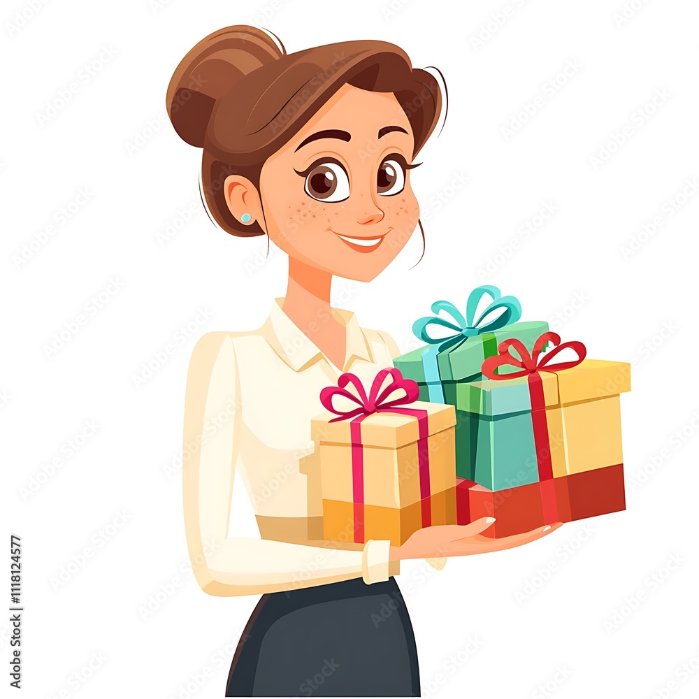 Cartoon receptionist with a stack of wrapped gifts on a white background Cartoon receptionist with a stack of wrapped gifts on a white background