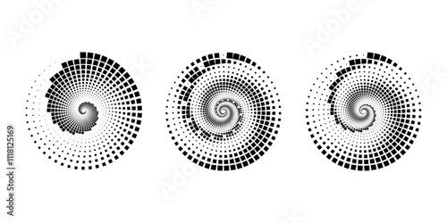 Set of black square halftone dots in vortex form. Geometric art. Trendy design element for logo, tattoo, sign, symbol, web, prints, posters, social media, template, pattern, abstract backdrop