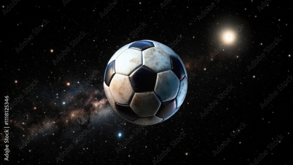 Fototapeta premium A Worn Soccer Ball Floating Amidst a Starry Night Sky