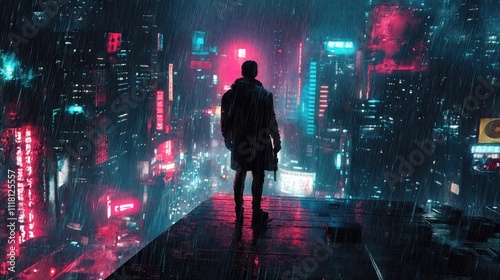 Silhouetted figure overlooking neon-lit cyberpunk cityscape in heavy rain. Dramatic urban night scene with towering skyscrapers illuminated by pink and turquoise lights creating dystopian atmosphere