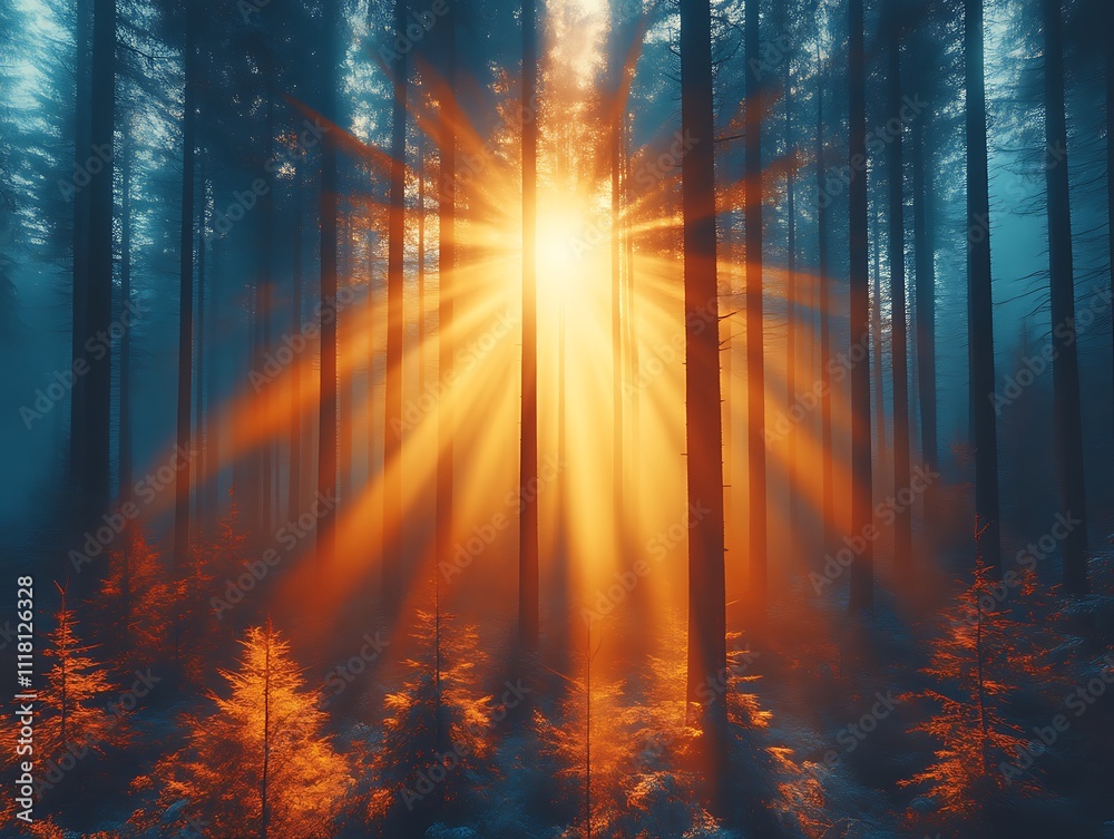 Golden Sunrise Rays Illuminating Misty Forest Trees Golden Sunrise Rays Illuminating Misty Forest Trees