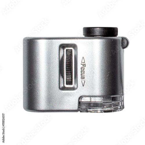 A mini microscope with backlight.A mini microscope with focusing.Pocket electron microscope on a white background.