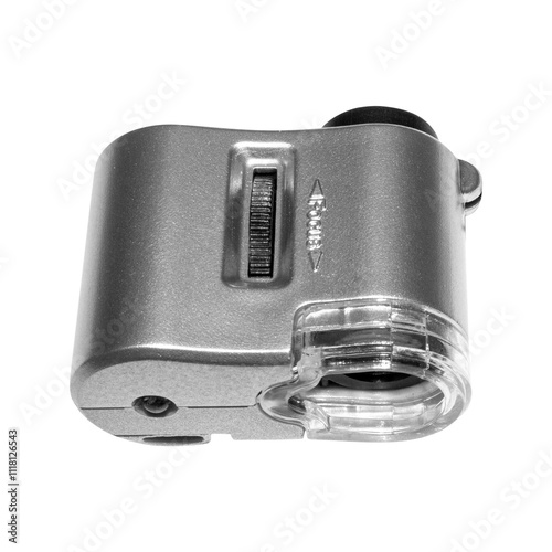 A mini microscope with backlight.A mini microscope with focusing.Pocket electron microscope on a white background.