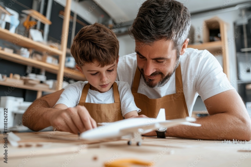 In a comfortable workshop, a father shares quality time with his son as they build airplane models together, reflecting their connection and creativity amid their playful engagement. In a comfortable workshop, a father shares quality time with his son as they build airplane models together, reflecting their connection and creativity amid their playful engagement.