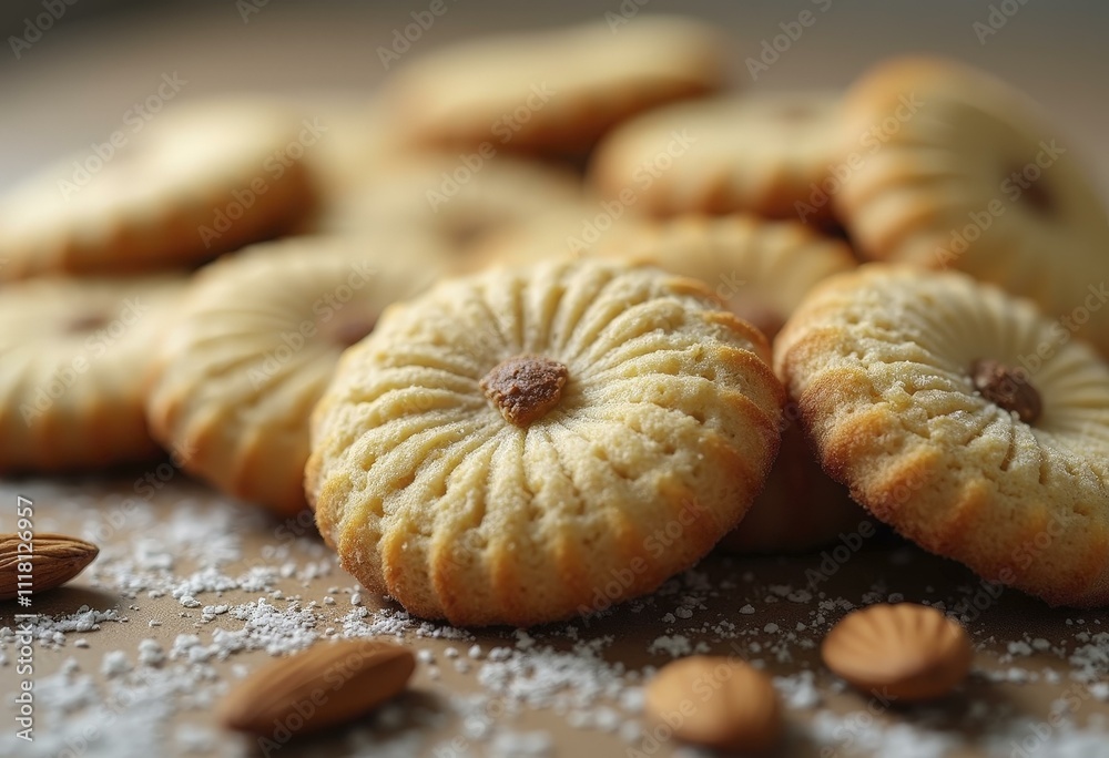 Close-up of golden-brown almond cookies on wooden surface with powdered sugar Close-up of golden-brown almond cookies on wooden surface with powdered sugar