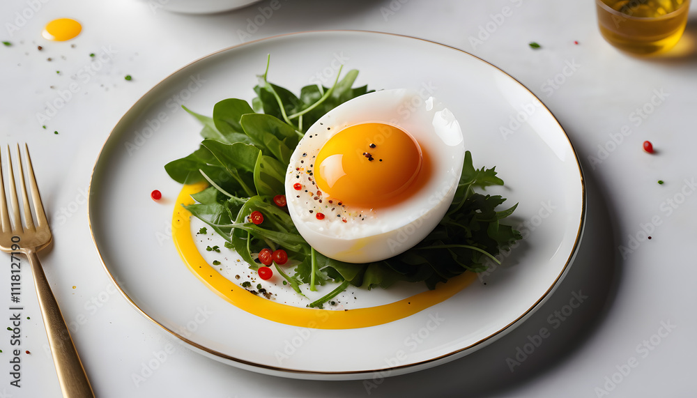 Elegant white porcelain plate with perfectly sliced salted egg, the yolk gleaming in the middle Elegant white porcelain plate with perfectly sliced salted egg, the yolk gleaming in the middle