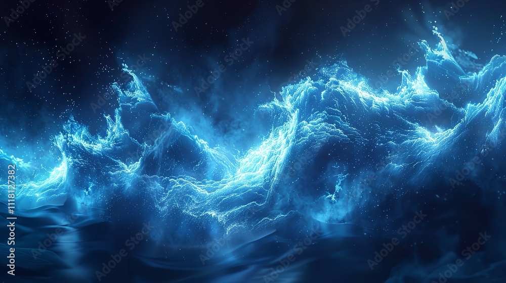 This image showcases dynamic digital waves representing a conceptual cyber network with deep blue tones and sparkling lights.