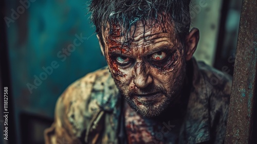 Zombie man. Post-apocalyptic makeup. Horror. Holiday. Traditions.