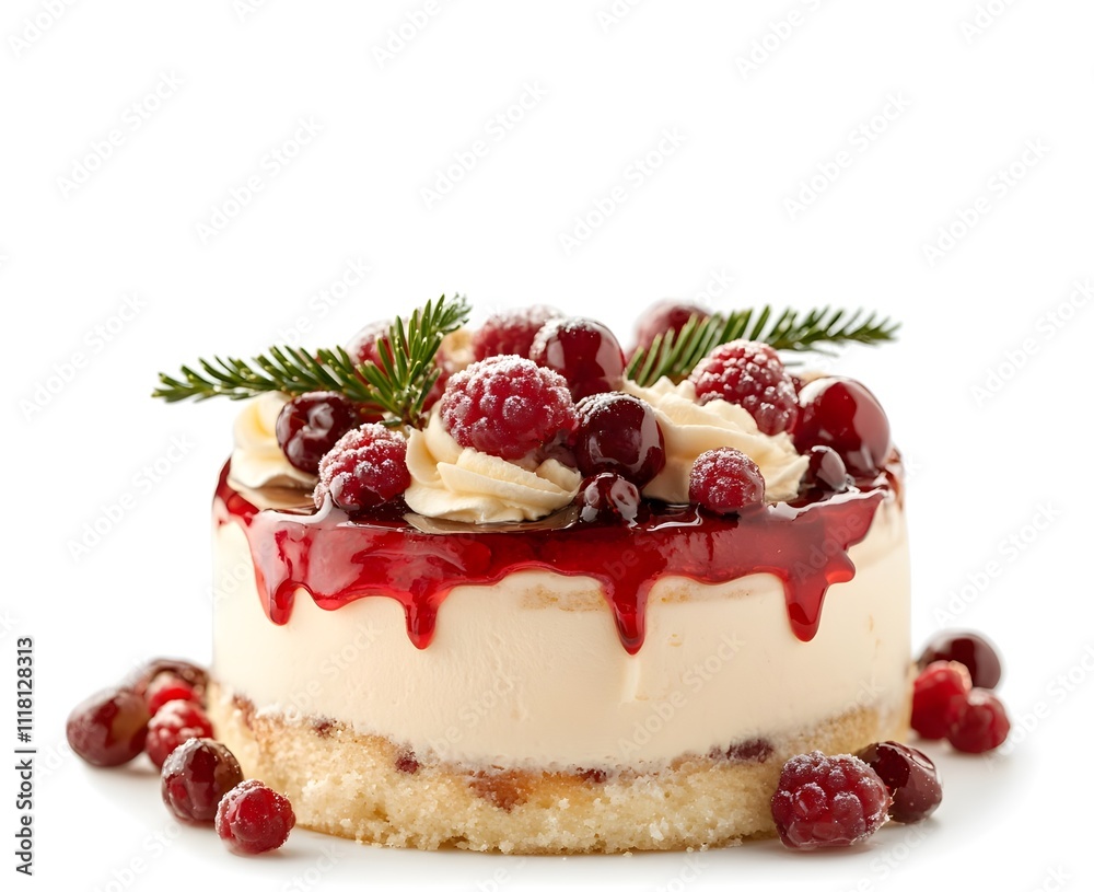 tmas cake fastive concept.A creamy cheesecake topped with fresh raspberries and a drizzle of raspberry sauce, garnished with a sprig of evergreen. tmas cake fastive concept.A creamy cheesecake topped with fresh raspberries and a drizzle of raspberry sauce, garnished with a sprig of evergreen.