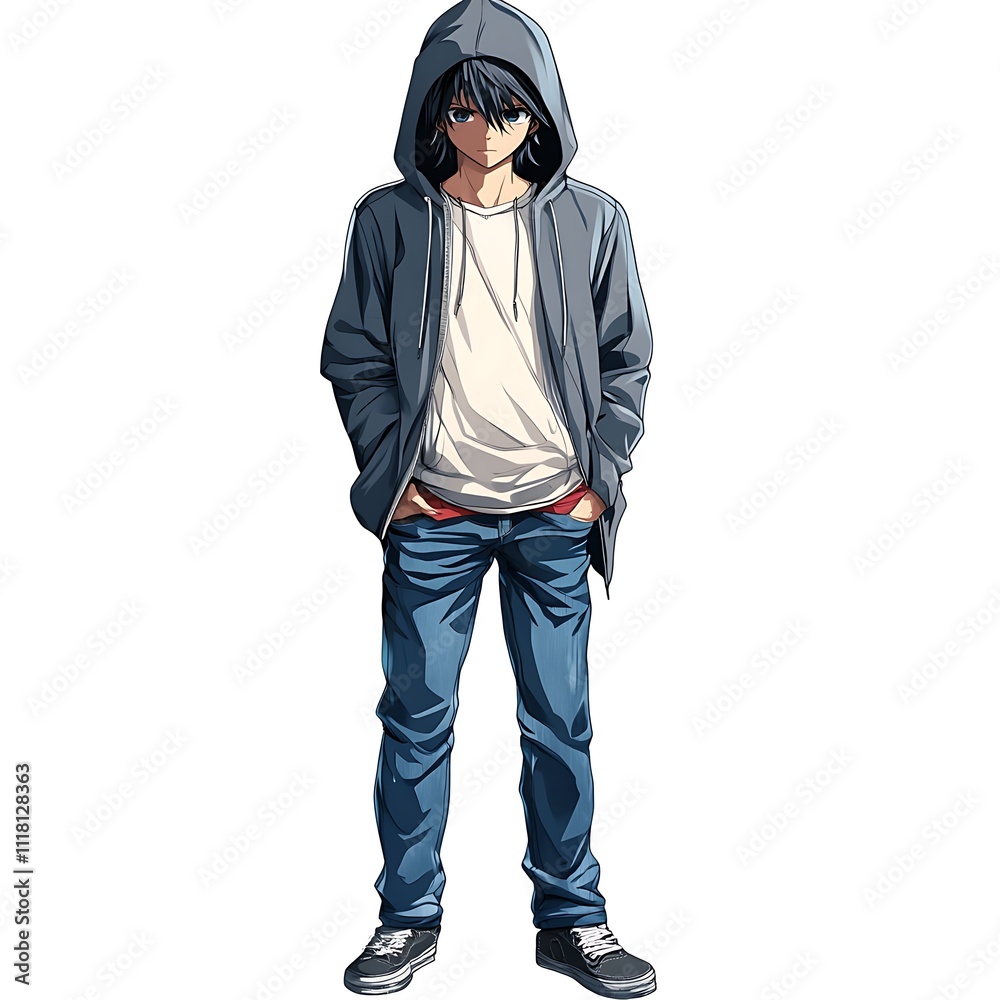 Anime teenage boy in a hoodie and jeans on a white background Anime teenage boy in a hoodie and jeans on a white background