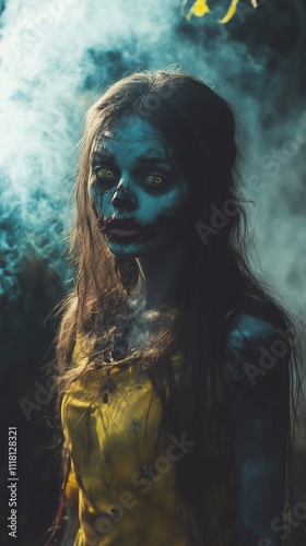 Zombie woman. Post-apocalyptic makeup. Horror. Holiday. Traditions.