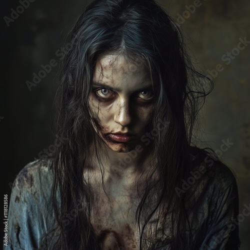 Zombie woman. Post-apocalyptic makeup. Horror. Holiday. Traditions.