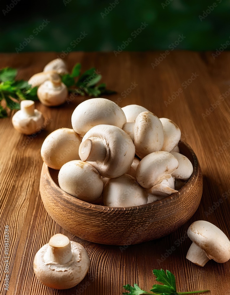 Champignon mushroom on the wooden table Champignon mushroom on the wooden table