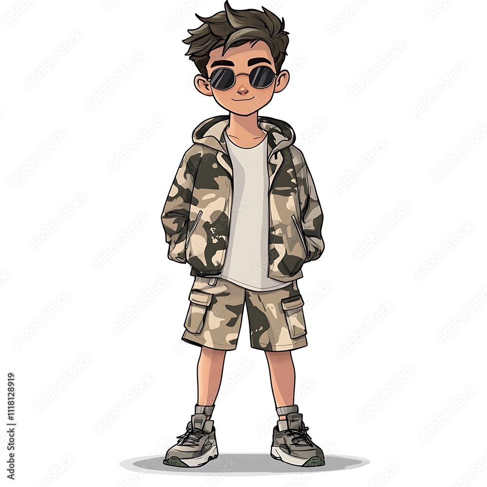 Cartoon teenage boy in a camo-print jacket and cargo shorts on a white background. Cartoon teenage boy in a camo-print jacket and cargo shorts on a white background.
