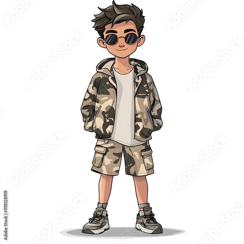 Cartoon teenage boy in a camo-print jacket and cargo shorts on a white background.