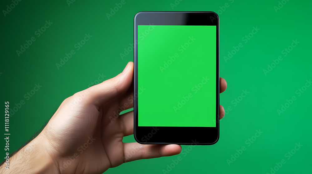 Close up of hand holding smartphone with blank green screen. mockup hand holds a smartphone with a green screen chroma key. Chroma. Illustration Close up of hand holding smartphone with blank green screen. mockup hand holds a smartphone with a green screen chroma key. Chroma. Illustration