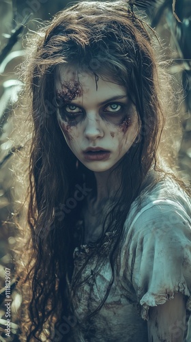 Zombie woman. Post-apocalyptic makeup. Horror. Holiday. Traditions.