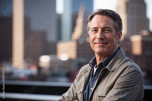 Smiling Mature Man in Casual Jacket with Urban Background 