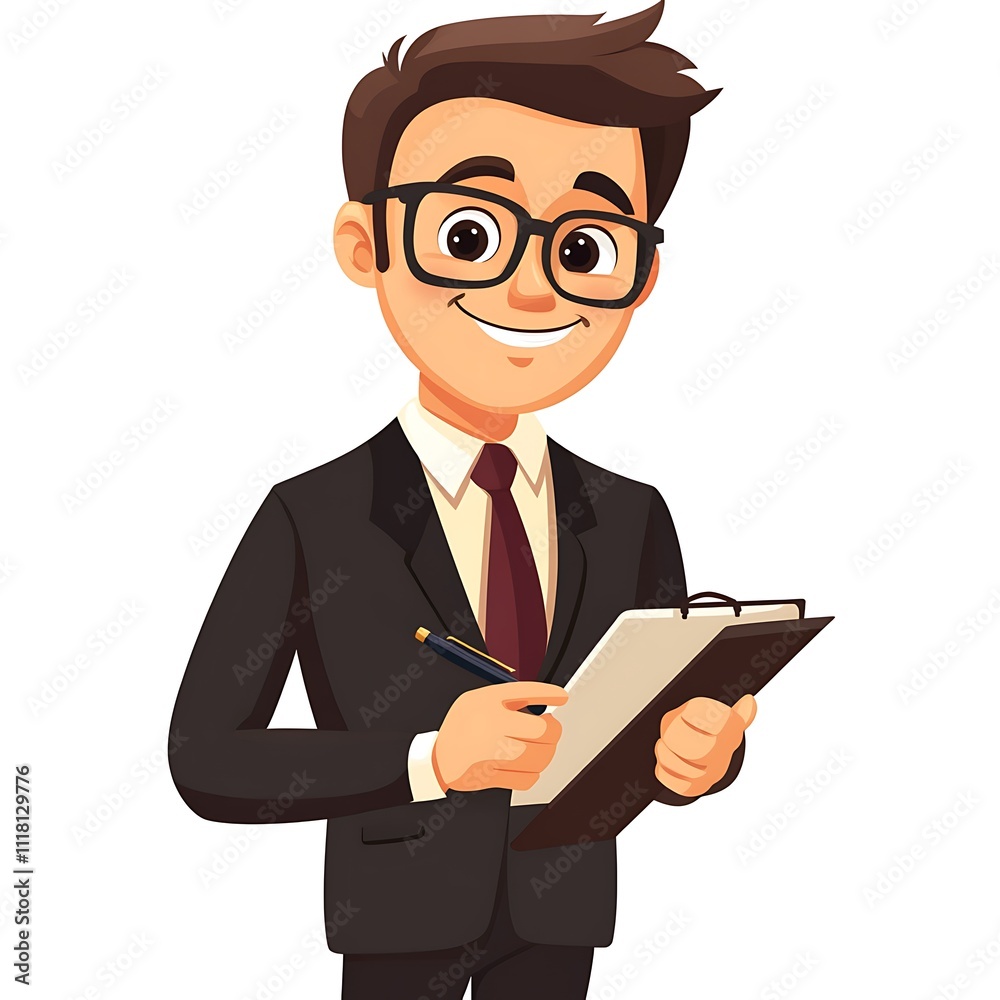 Cartoon sales guy in a professional suit, holding a pen and a notepad on a white background. Cartoon sales guy in a professional suit, holding a pen and a notepad on a white background.