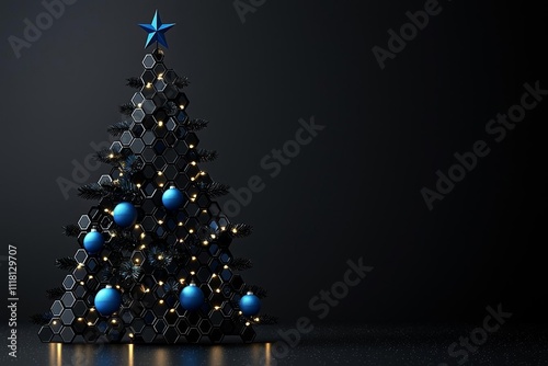 minimalistic black background with a simple Christmas tree made of hexagons and blue lights on the left side