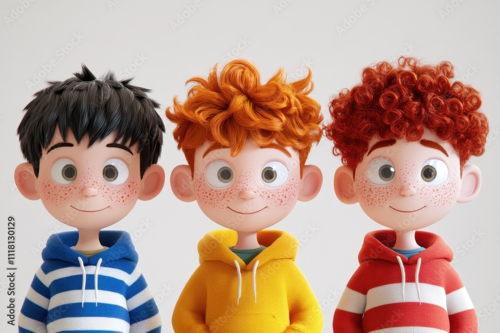 A group of three 3D cartoon characters, all young boys with freckled faces and different hair colors A group of three 3D cartoon characters, all young boys with freckled faces and different hair colors