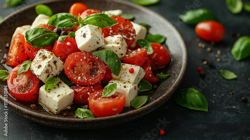 Salad with tomatoes, feta, olives and Basil, serving on a dark background, tatsy food photo