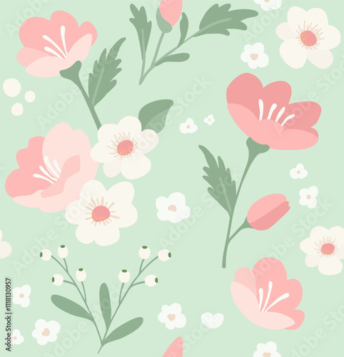 Wallpaper Mural Spring Floral Vector Background with Leaves and Petals. Seamless Floral Pattern with Pink Flowers on green  Background
 Torontodigital.ca
