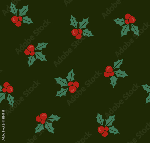 Wallpaper Mural Seamless pattern simple for textile or wrapping paper Christmas. Holly leaves and red berries on dark green background.
 Torontodigital.ca