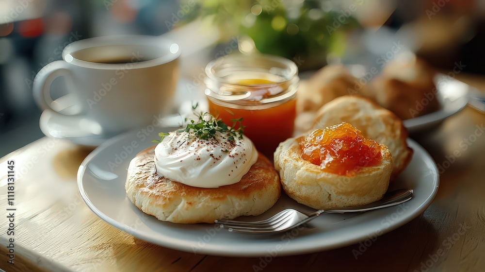  Elegant English breakfast in cozy café setting, served with cappuccino, lightly toasted English muffin, and small jar of marmalade, creating a comforting scene.
