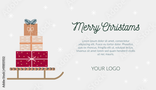 Wallpaper Mural Christmas corporate card, social media with place for text and company logo. Grey background with stars. Sledge full of presents on the side.
 Torontodigital.ca