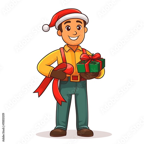 Cartoon worker holding a festive ribbon on a white background