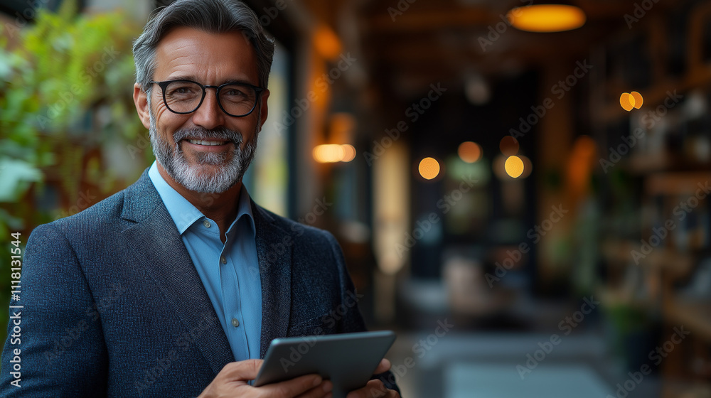 Happy confident mature business man executive standing in corporate office using digital tablet. Smiling middle aged professional businessman manager wearing suit looking away at work in modern space. Happy confident mature business man executive standing in corporate office using digital tablet. Smiling middle aged professional businessman manager wearing suit looking away at work in modern space.