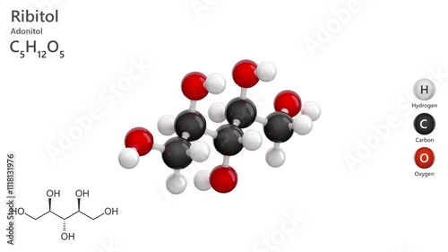 Xylitol. Sugar alcohol. Animated 3D model of a molecule. Molecular formula: C5H12O5. Chemical model: Ball and stick. White background. 3D rendering. Seamless loop. photo