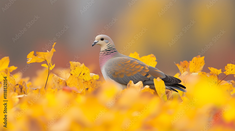 Dove among golden autumn leaves in a serene landscape Dove among golden autumn leaves in a serene landscape