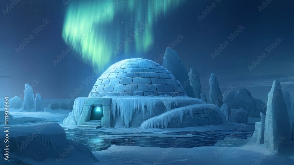 A serene icy landscape featuring an igloo under the aurora borealis.