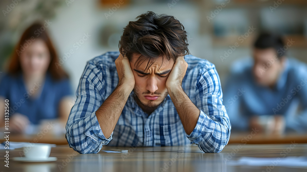 Stressed Team Meeting concept as Group of employees in a meeting room showing signs of stress and frustration highlighting Blue Monday challenges for magazine advertisement with copy space. in  Photo 