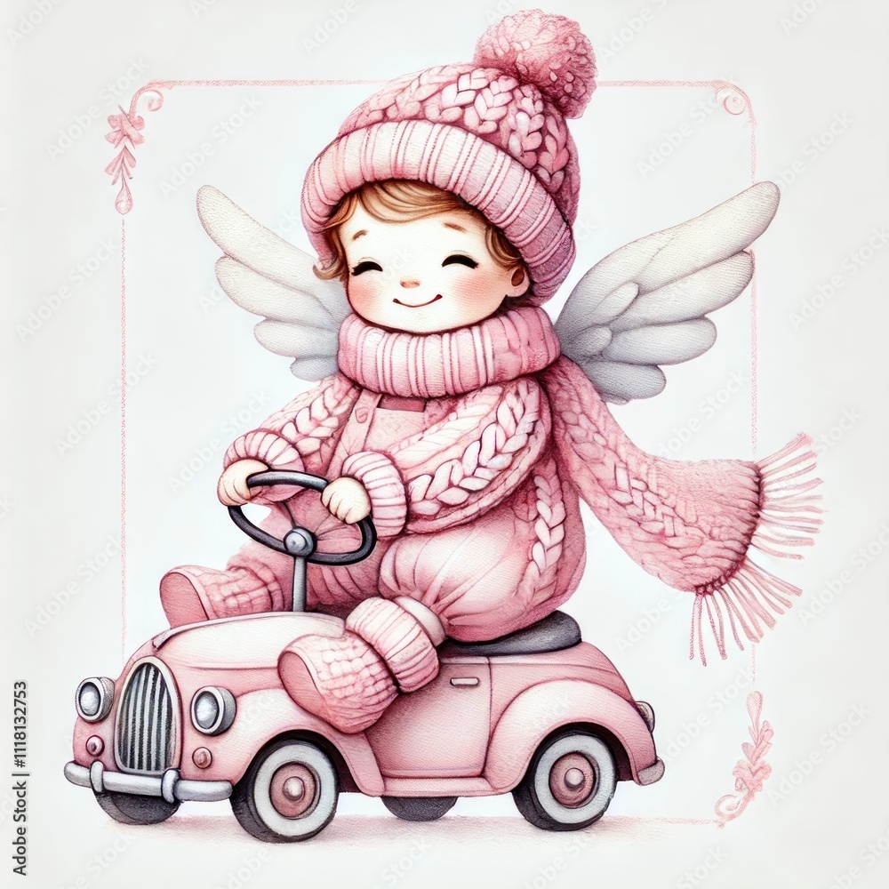 Fototapeta premium A cheerful child in a cozy pink outfit and wings, joyfully riding a toy car, capturing the essence of childhood happiness.